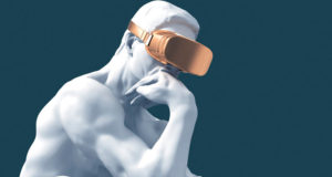 Modelo 3D com óculos de realidade virtual, pensador, pensativo, representando inovação